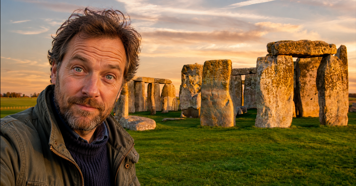 Closeup view of Stonehenge Monument, with AI-generated man in foreground