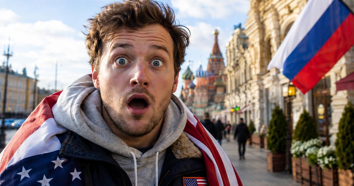 Shocked American man standing on the street in Russia