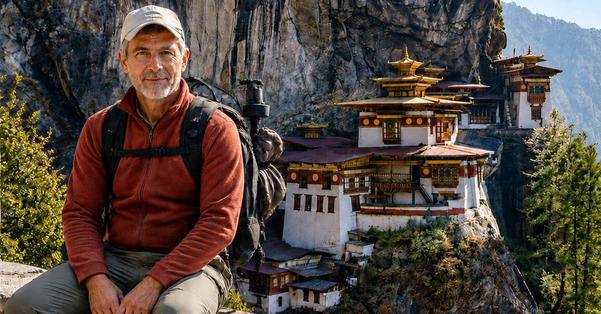 AI-generated image of tourist posing in front of Tiger’s Nest