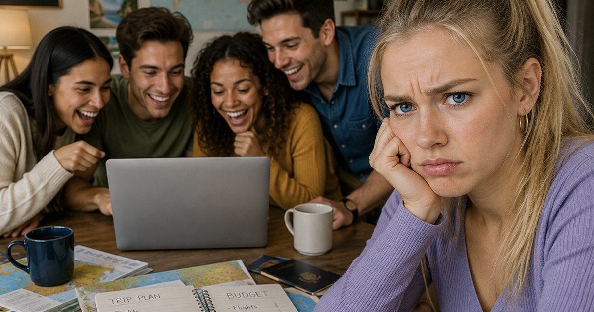 Frustrated woman with friends looking at a laptop behind her