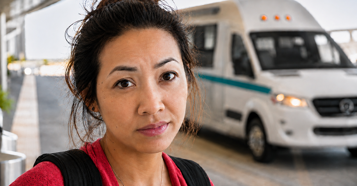 AI-generated image of a concerned traveler standing near a white shuttle van at an airport pickup area