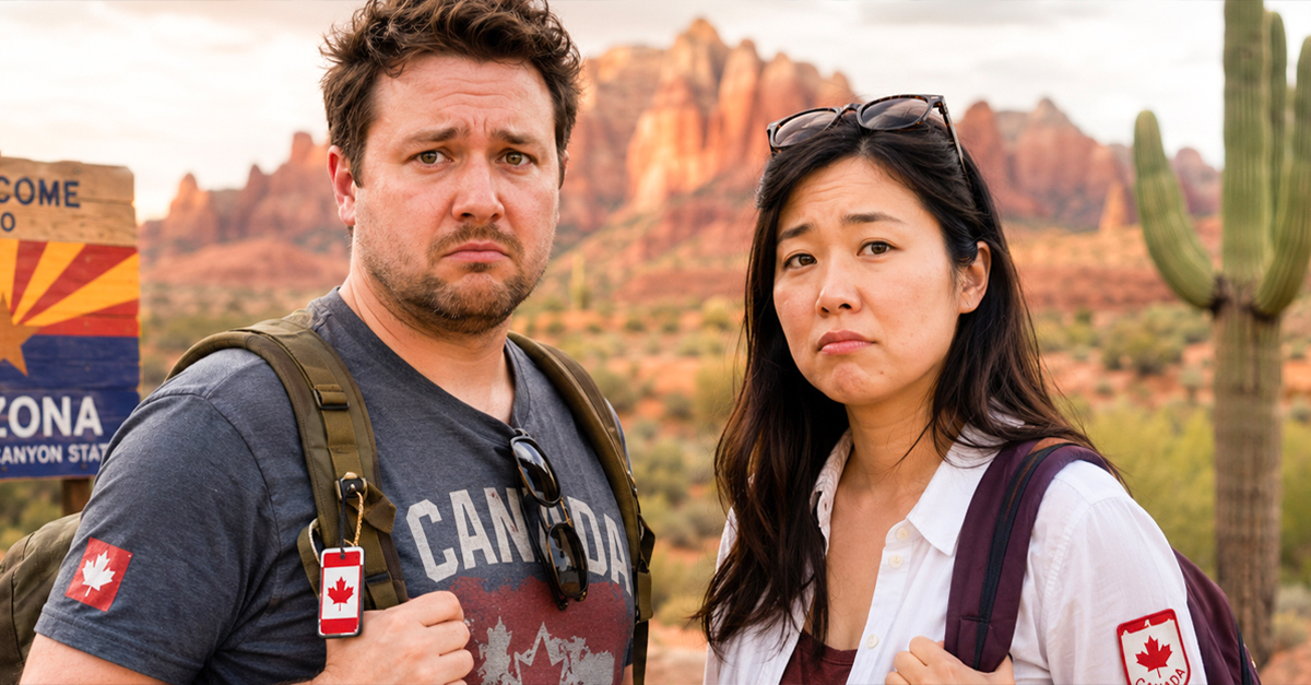Two Canadian tourists visiting Arizona, looking stressed.