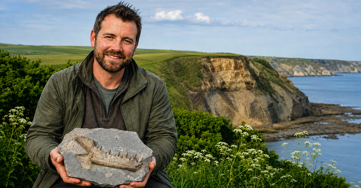 AI-generated image of a smiling man displaying a jaw fossil beside a coastal cliff