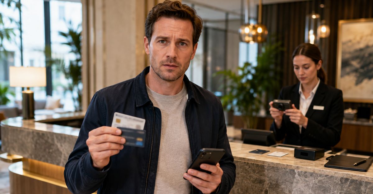 Man checking in with ID cards at hotel reception