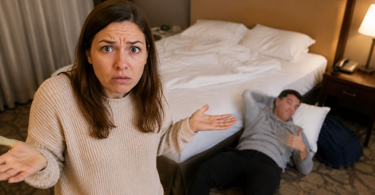 Confused Woman, Unbothered Man in Hotel Room