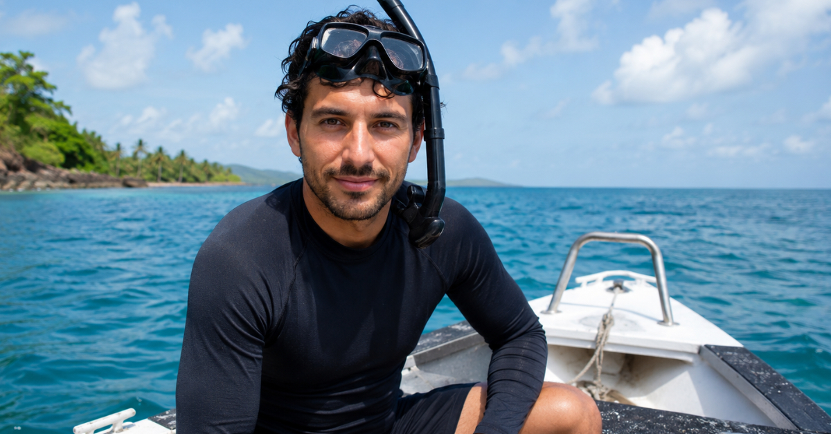 Man in snorkle gear sitting on a boat looking at the camera
