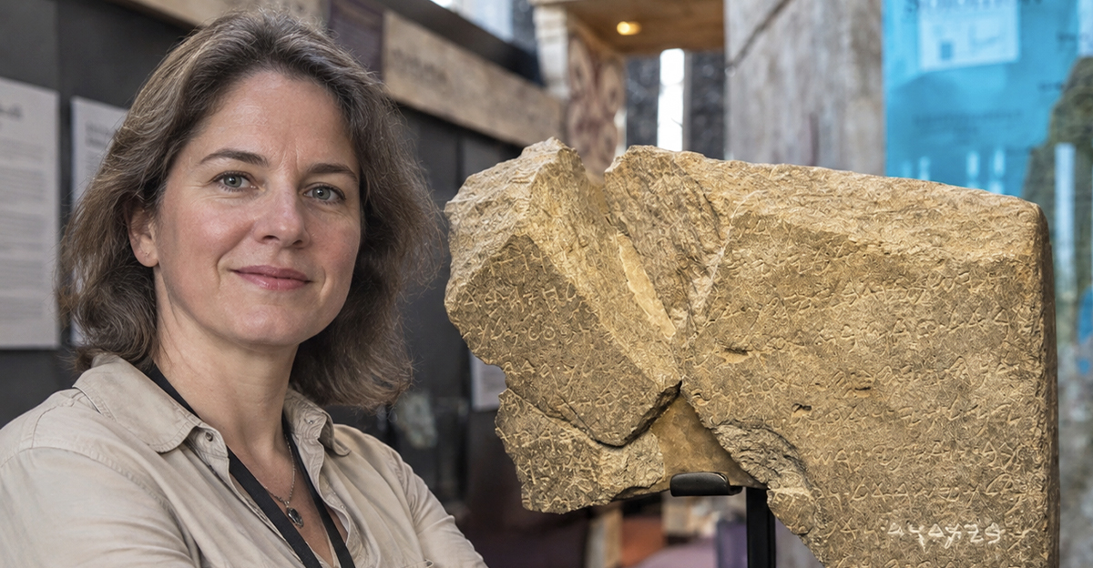 AI-generated image of an archaeologist standing next to the Tel Dan Stele.