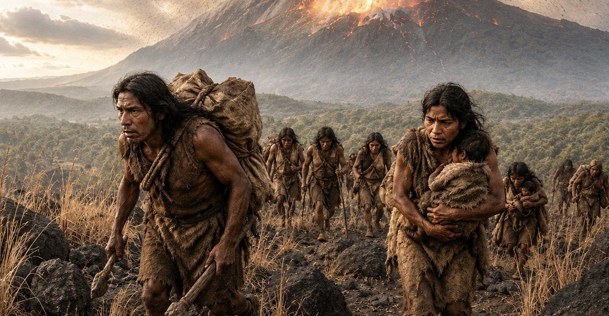 AI-generated image of ancient humans escaping the Toba Supereruption.