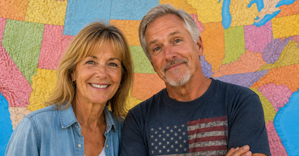 Man and woman looking at camera, Background US States Map