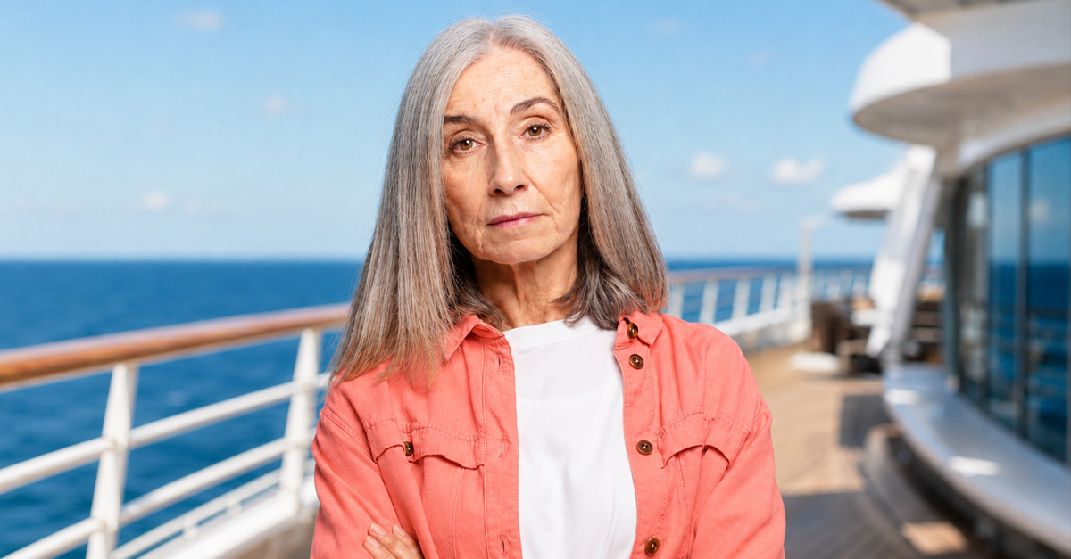 Senior woman looking disappointed on the deck of a cruise ship