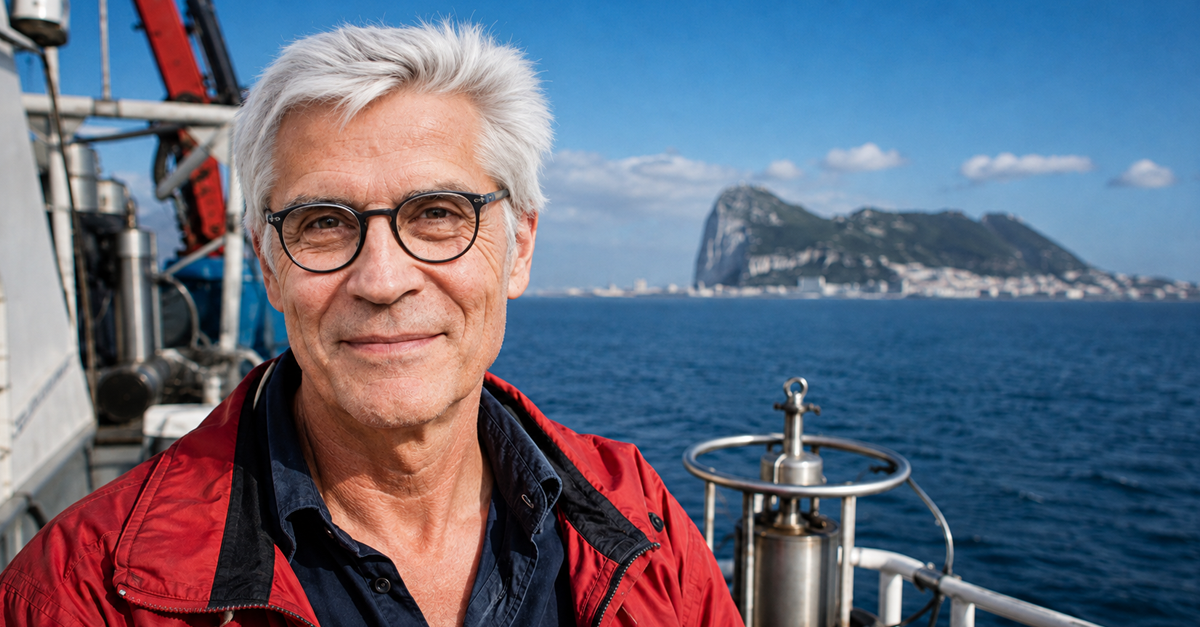 AI-generated image of a smiling scientist aboard a boat, with the Rock of Gibraltar in the background.