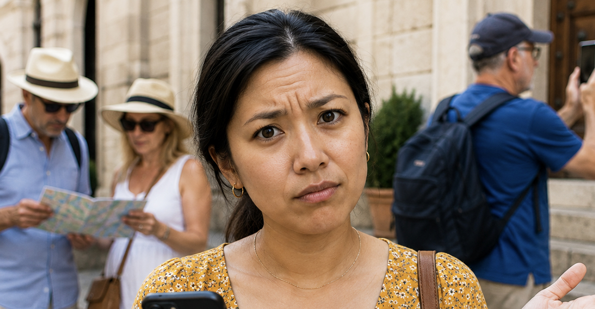 AI-generated image of a woman annoyed about a downgrade of her guided tour.