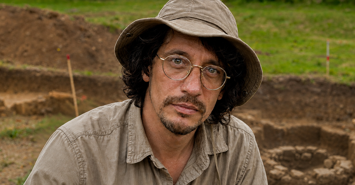 AI generated image of an archaeologist posing beside an excavated stone well at a grassy site