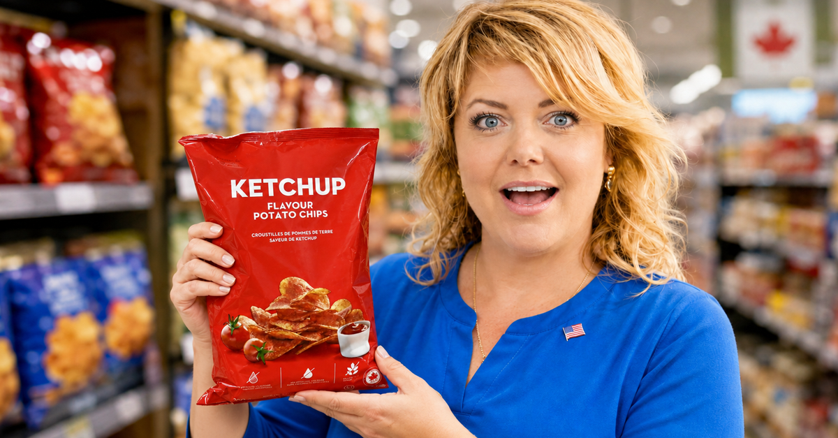 AI-generated image of a woman holding a bag of ketchup chips in a grocery store