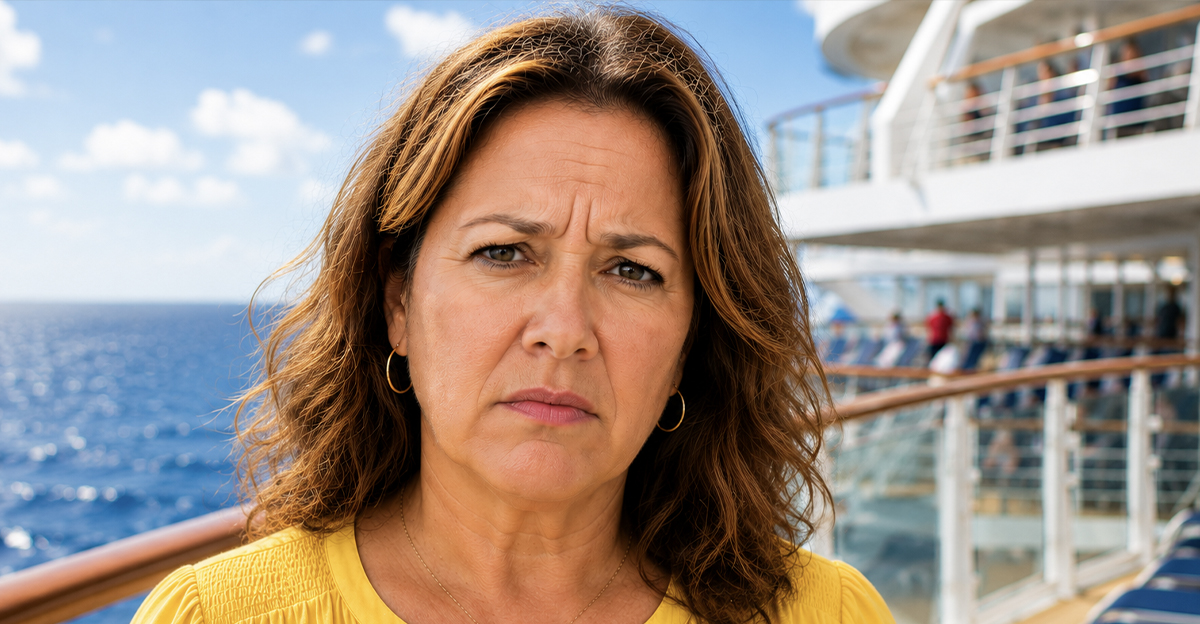 AI-generated image of a woman seeking a refund for her cancelled cruise excursion.