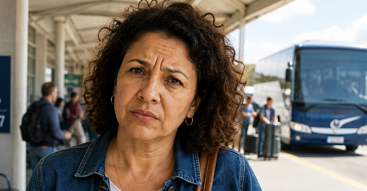 AI-generated image of a woman worried about missing the bus connection to her hotel.