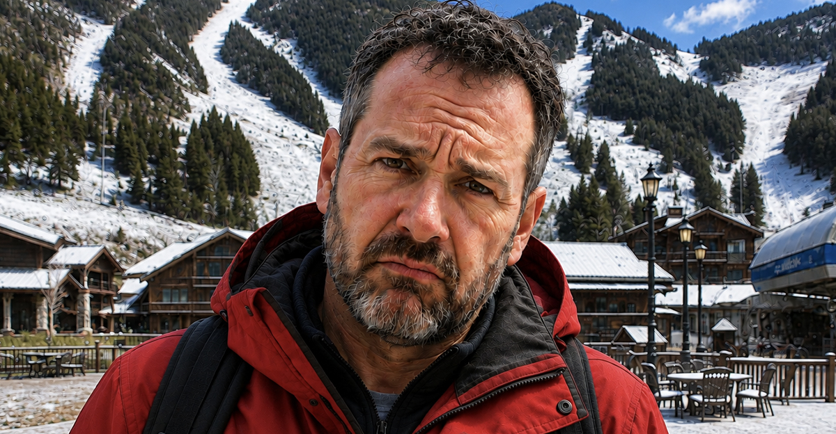 AI-generated image of a man worried about a winter festival being cancelled due to climate change.