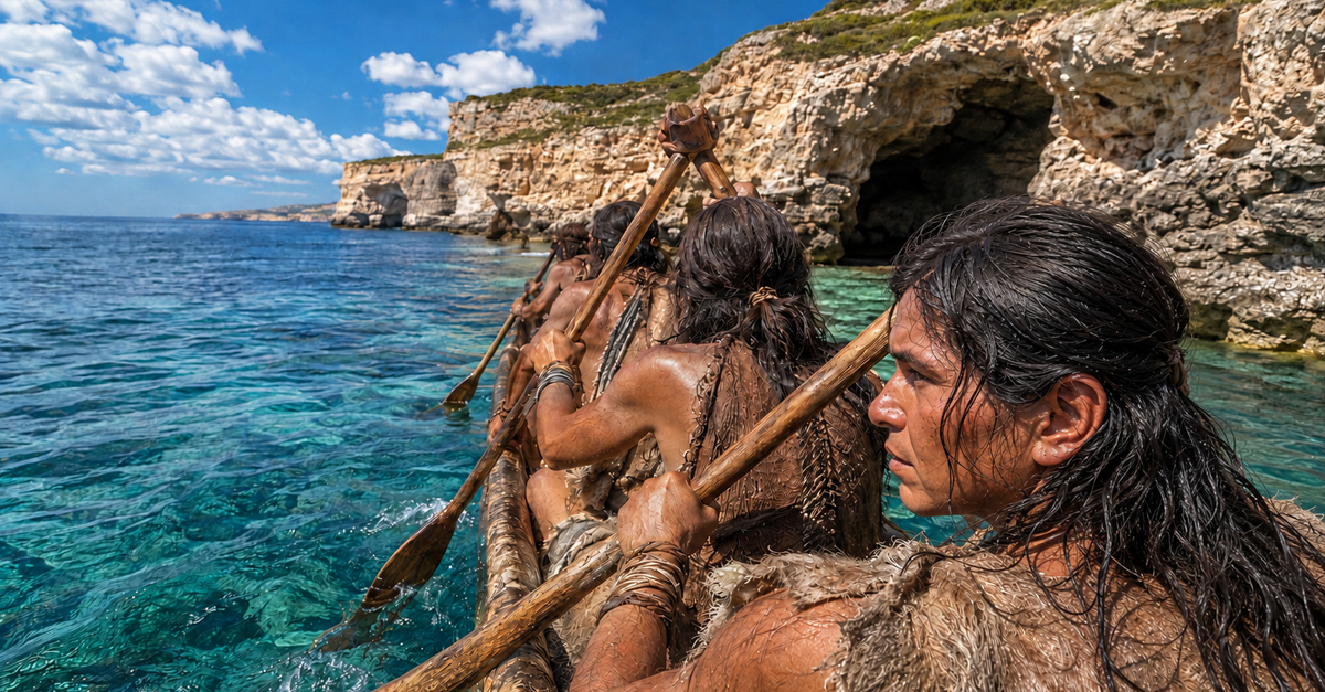 AI-generated image of ancient people canoeing alongside cliffs