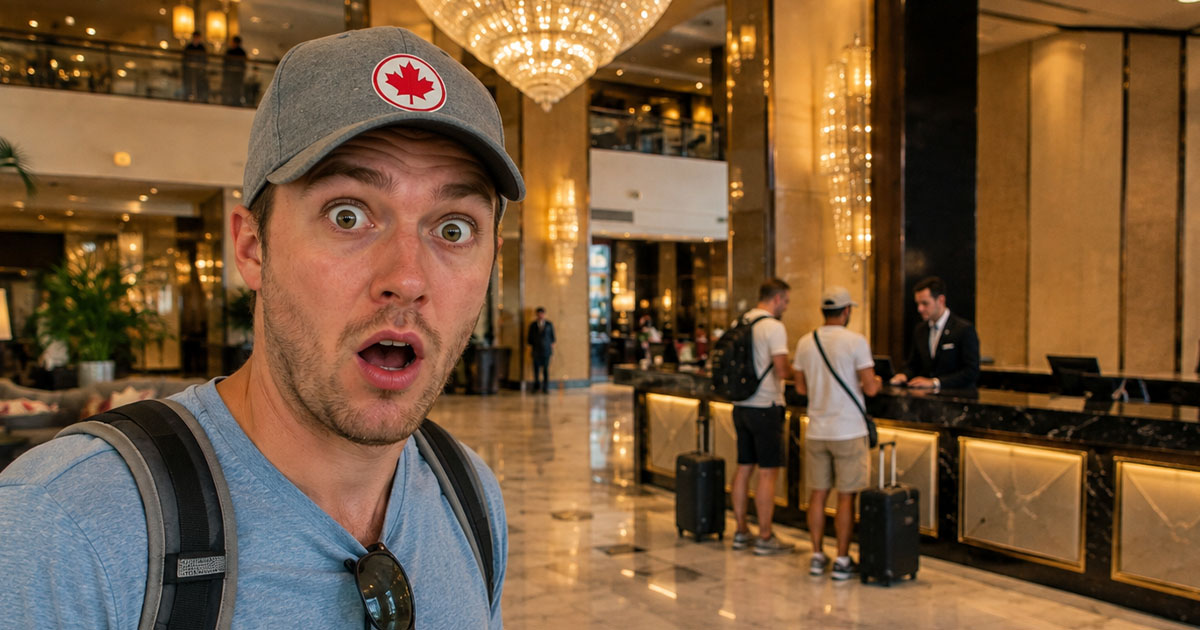 Shocked Canadian man in an American hotel lobby