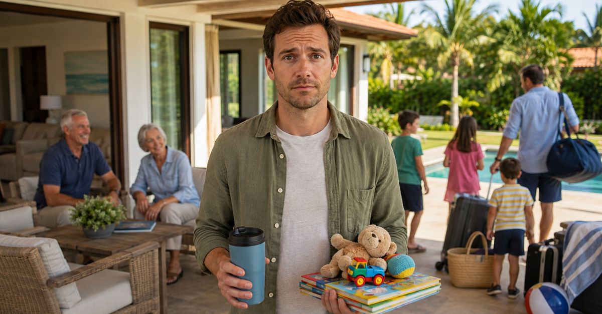 man holding toys and children’s books on vacation along with family
