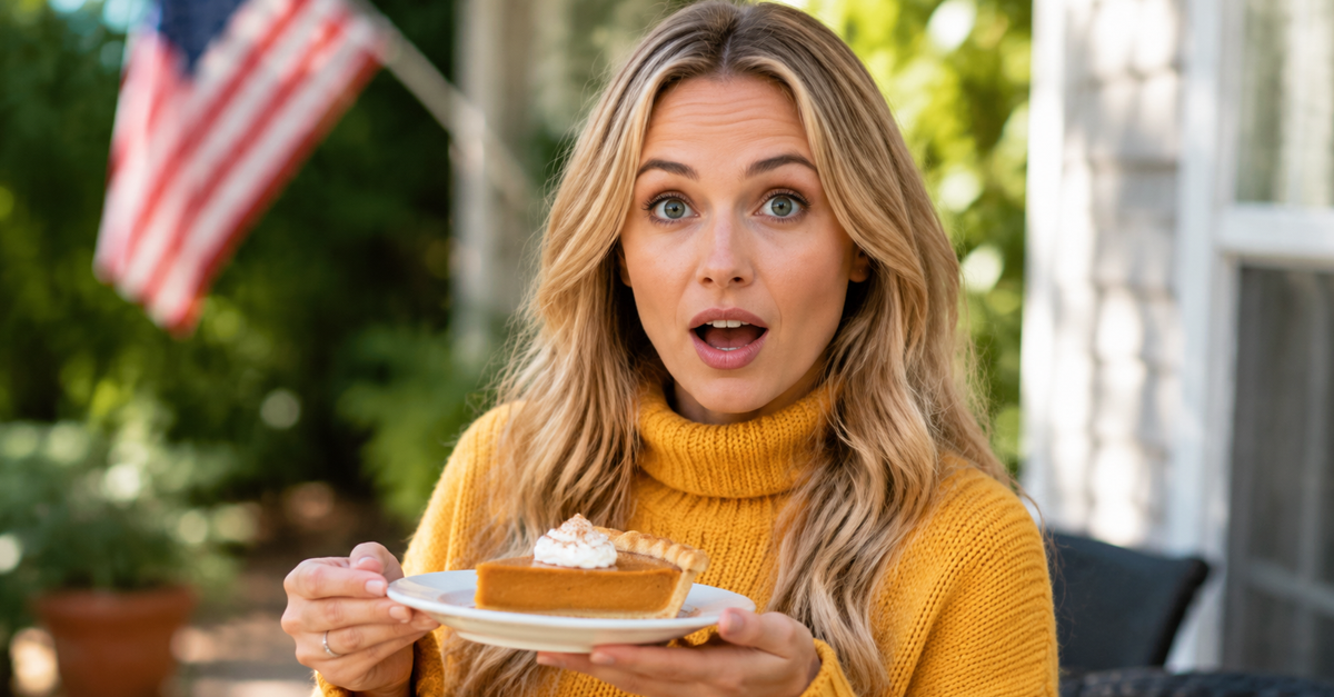 AI-generated image of blonde woman holding pumpkin pie