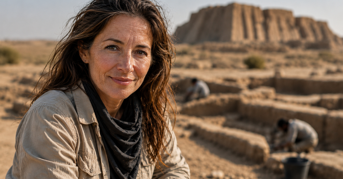 Female archeologist looking at camera, dig site in backgroundFemale archeologist looking at camera, dig site in background