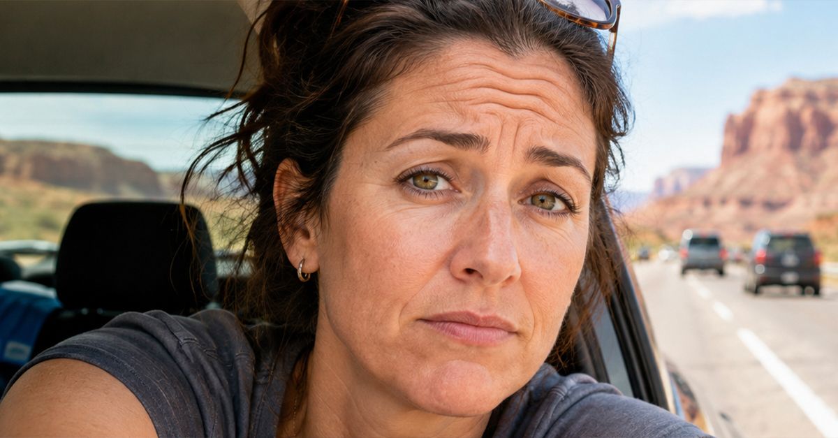 Unimpressed middle-aged woman poking her head out of her car, while on a road trip. American landscape in the background.