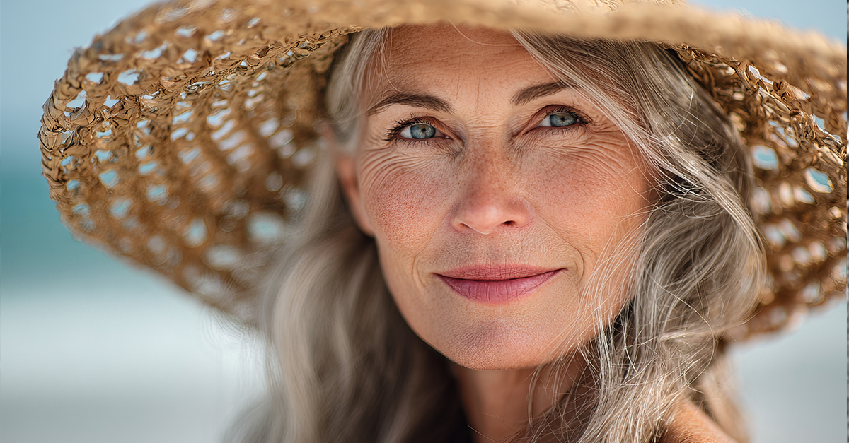 Beautiful senior woman wearing a woven straw sun hat looking directly at the camera with a soft and gentle smile