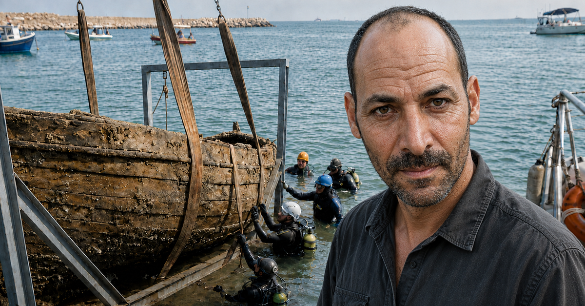An archaeologist stands beside divers recovering a wooden shipwreck from the sea.