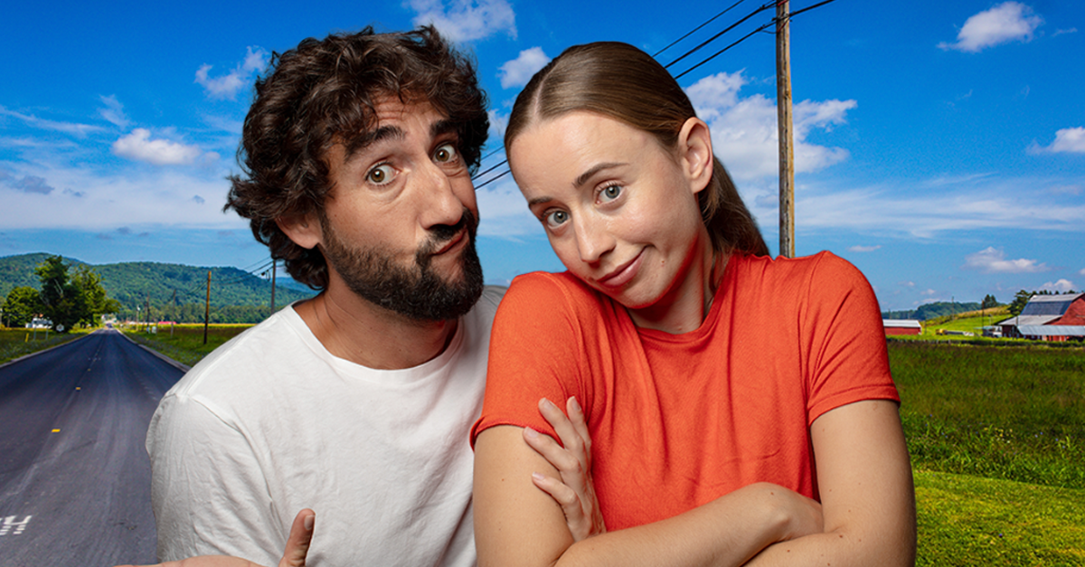Composite image of confused couple standing on country road in rural America