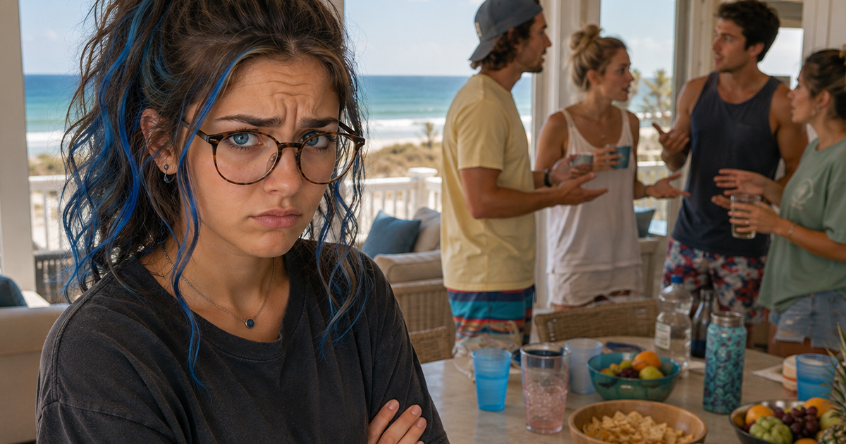 A concerned woman with blue hair and glasses