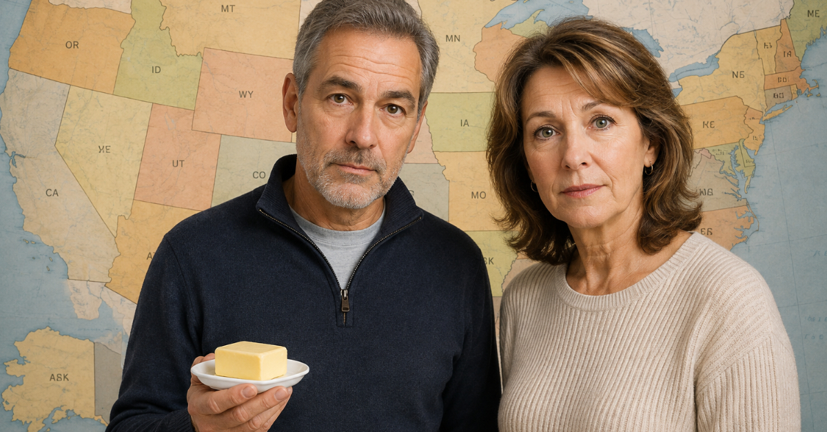 Man and woman in front of USA map. Man holding butter