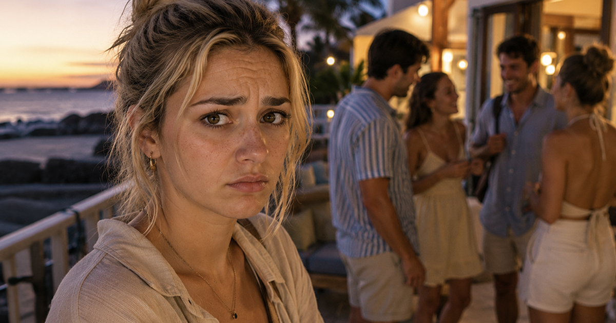 Worried blonde woman at a party