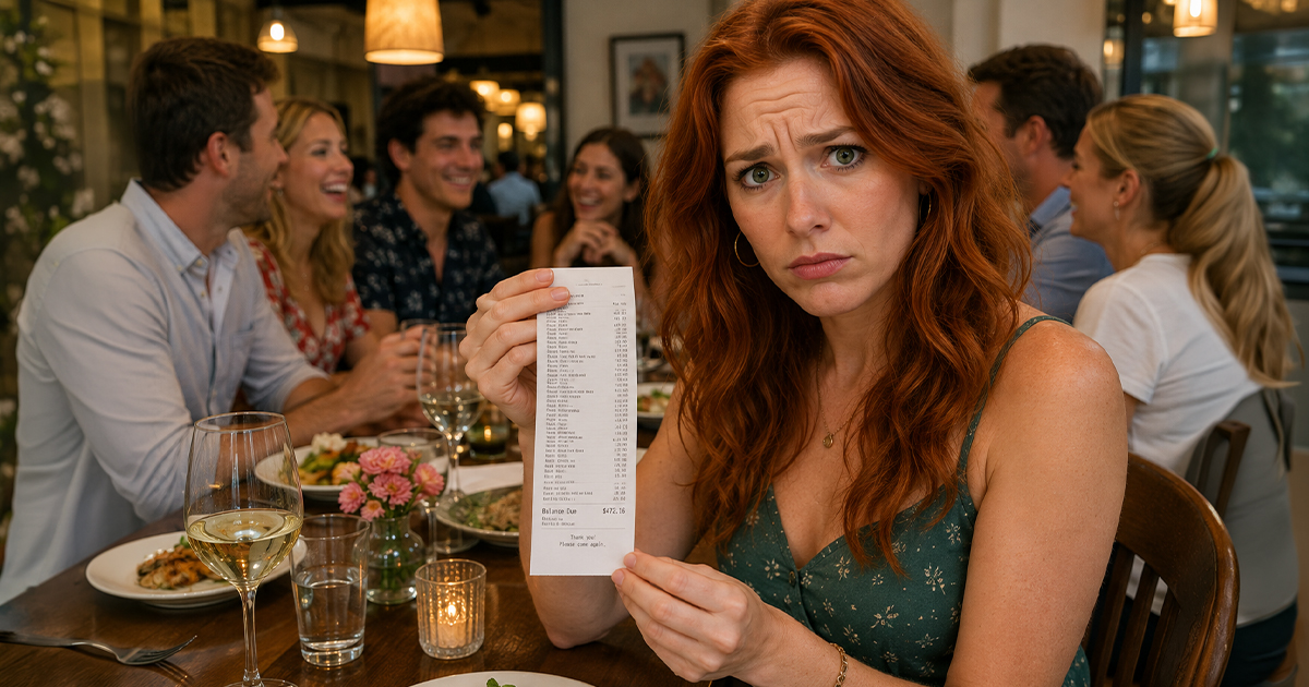 A red haired woman holding a receipt