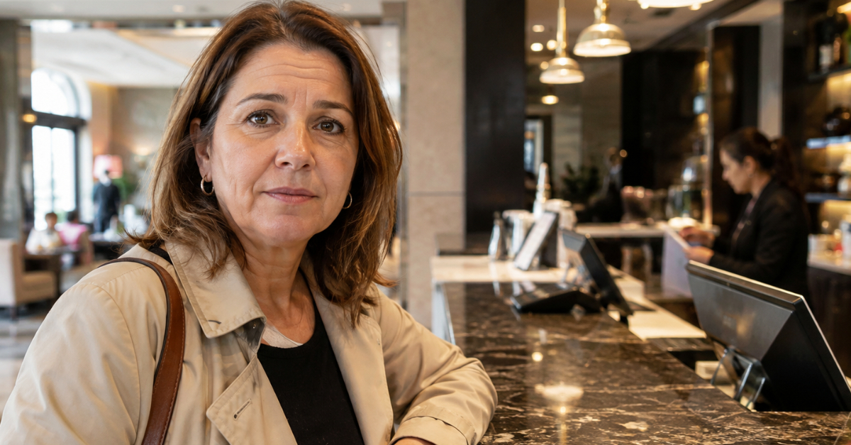 Woman in hotel lobby looking at camera