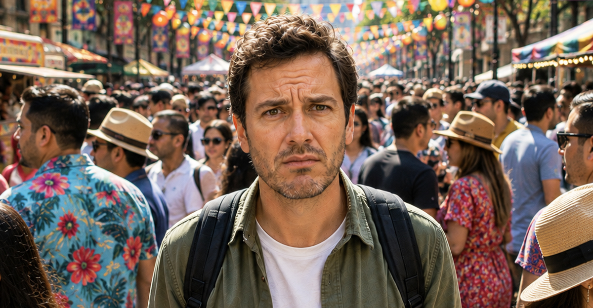 AI-generated image of a man standing in the middle of a crowded street festival.