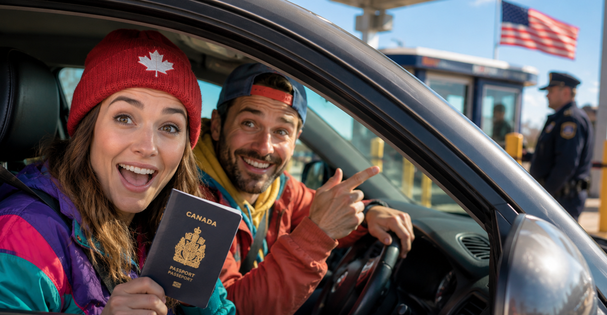excited canadians crossing the US border
