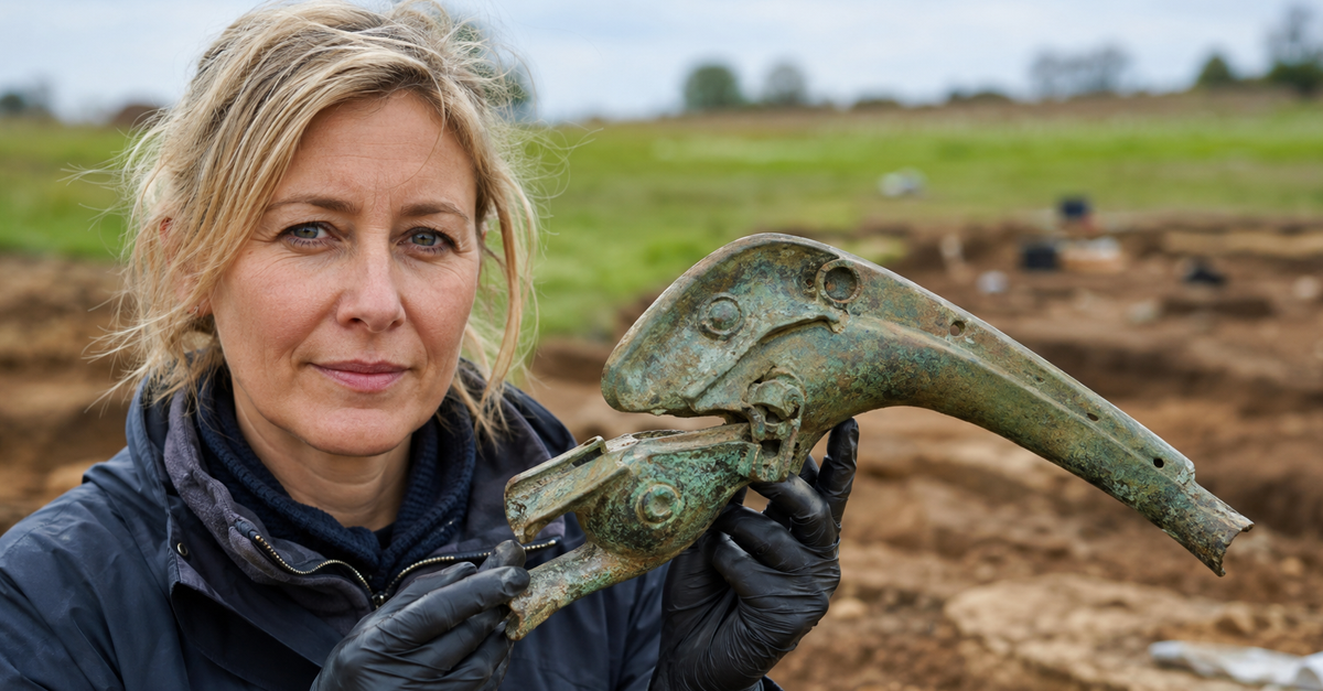 AI-generated image of an archaeologist holding an artifact at an excavation site