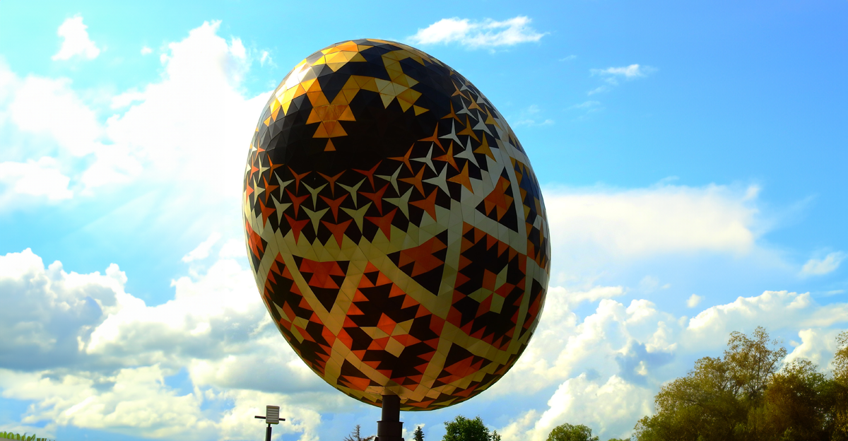 Vegreville, Alberta, Canada - July 2019: The Vegreville egg - a giant sculpture of a pysanka.