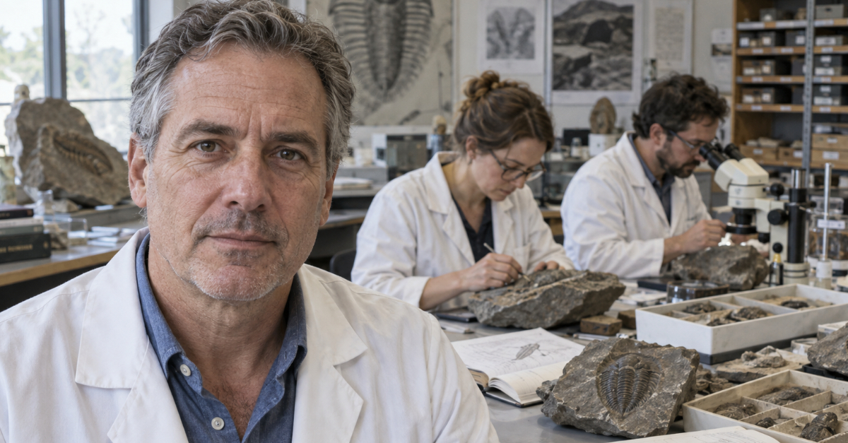 Scientists in lab looking at fossils