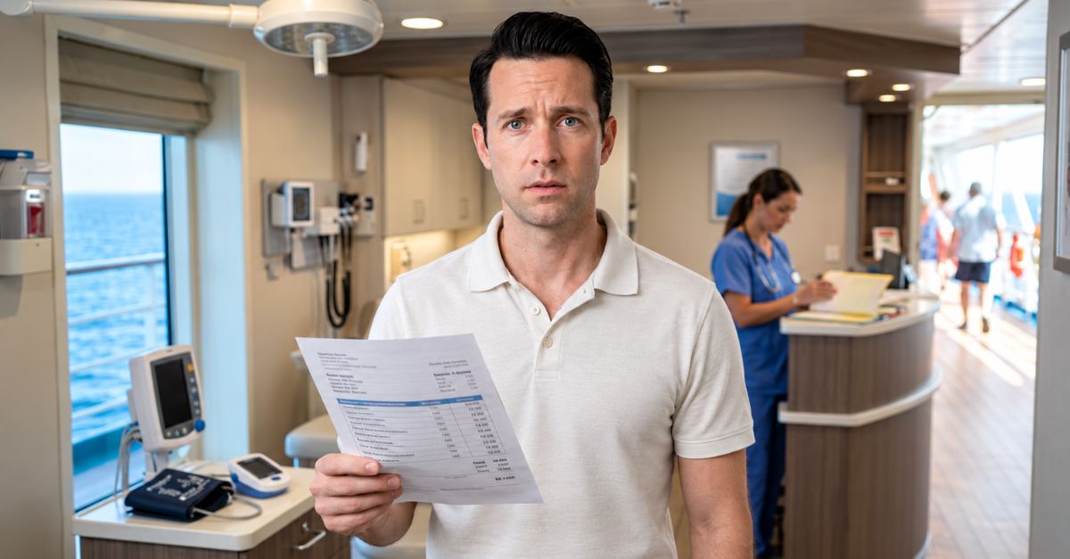 man holding invoice at cruise ship medical center