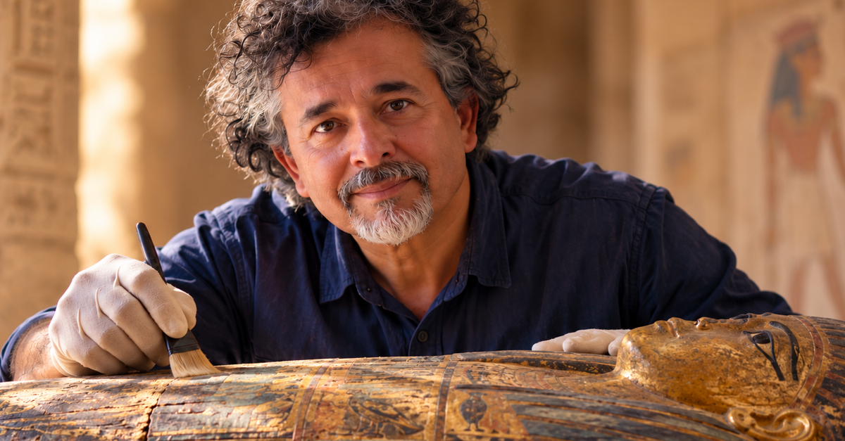 AI-generated image of archaeologist examining Egyptian sarcophagus