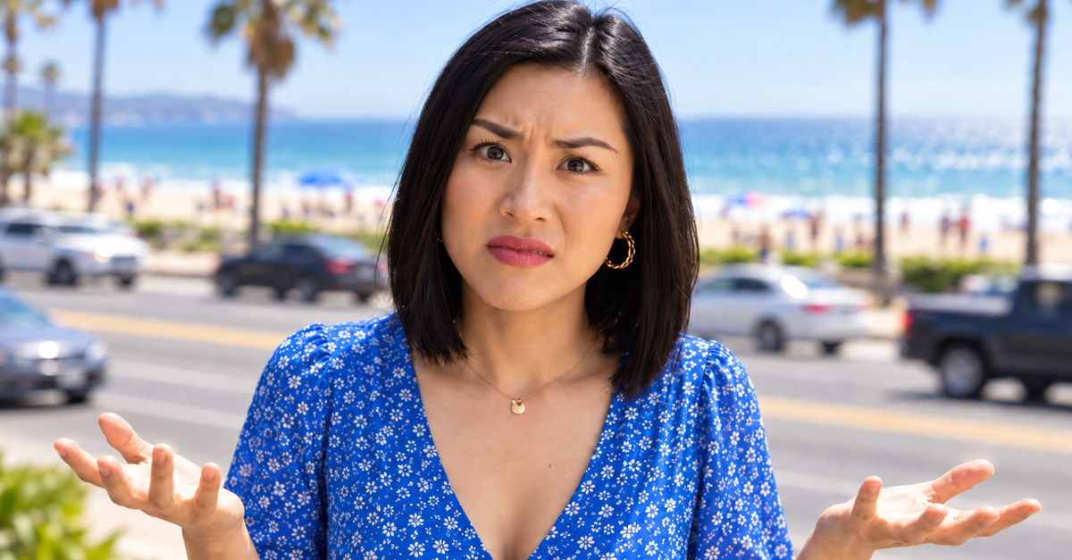 AI-generated image of a frustrated woman beside a busy beachfront road
