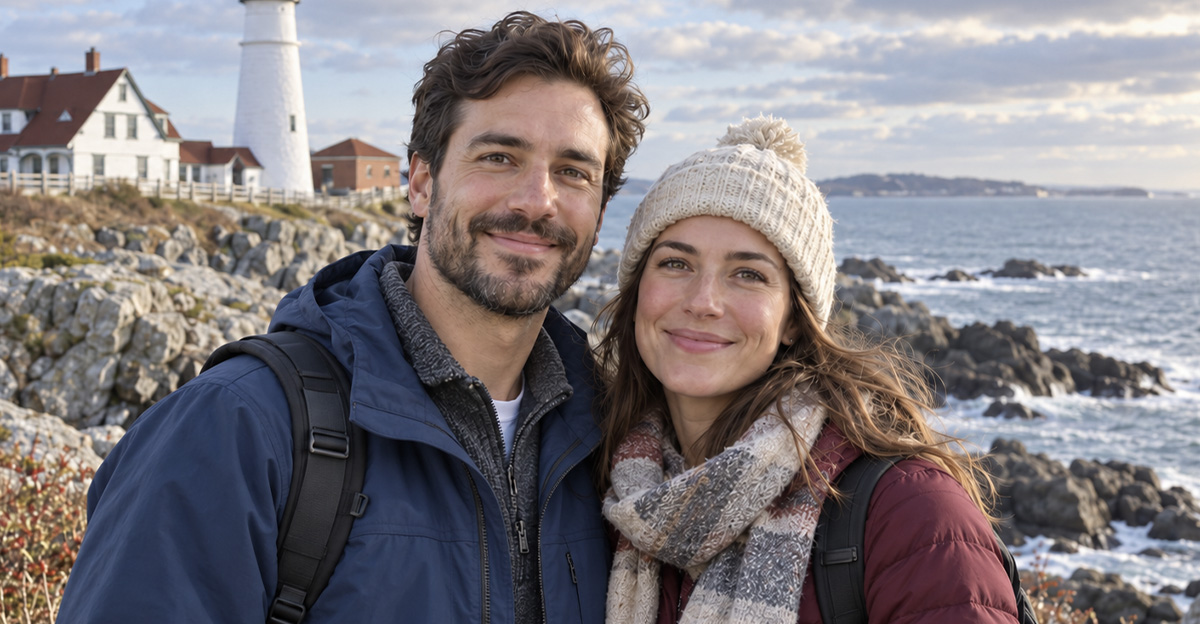 AI-generated image of a tourist couple visiting Portland Head in Maine during the off-season.