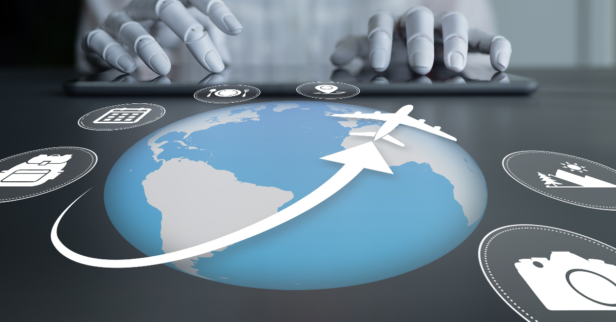 A conceptual image depicting a globe with digital travel icons,