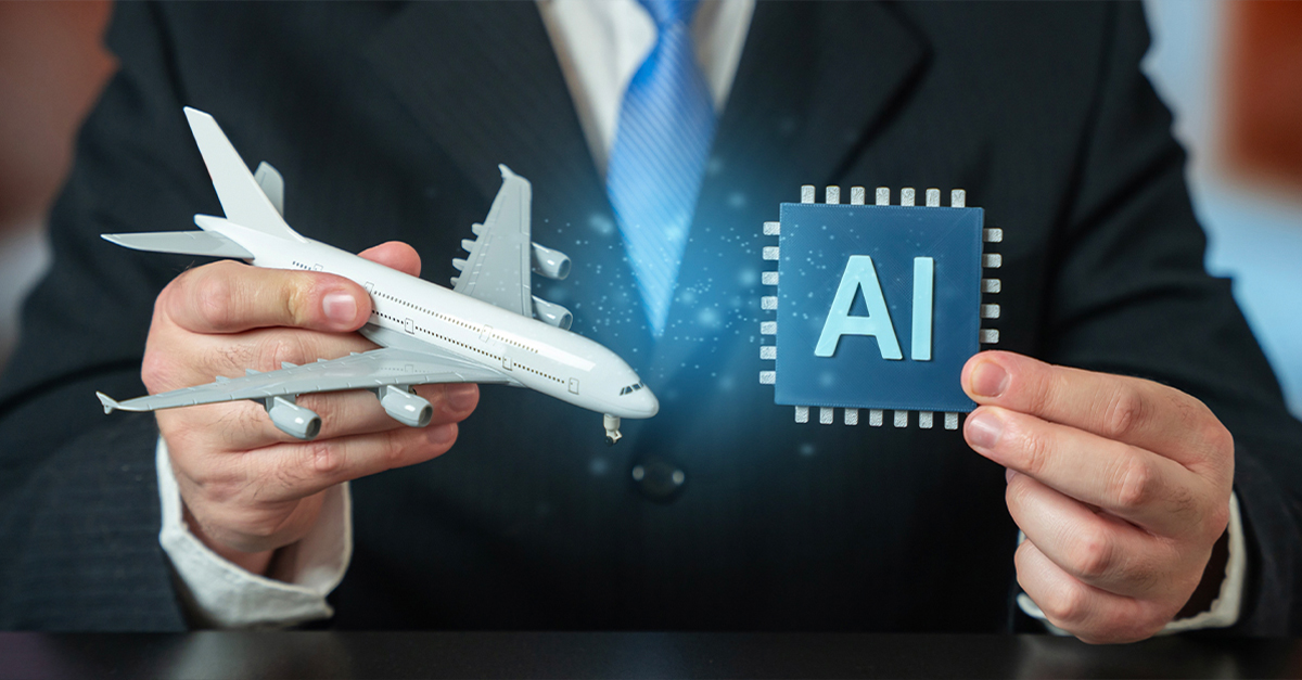 torso of a business man holding a plane and a sign reading "AI"