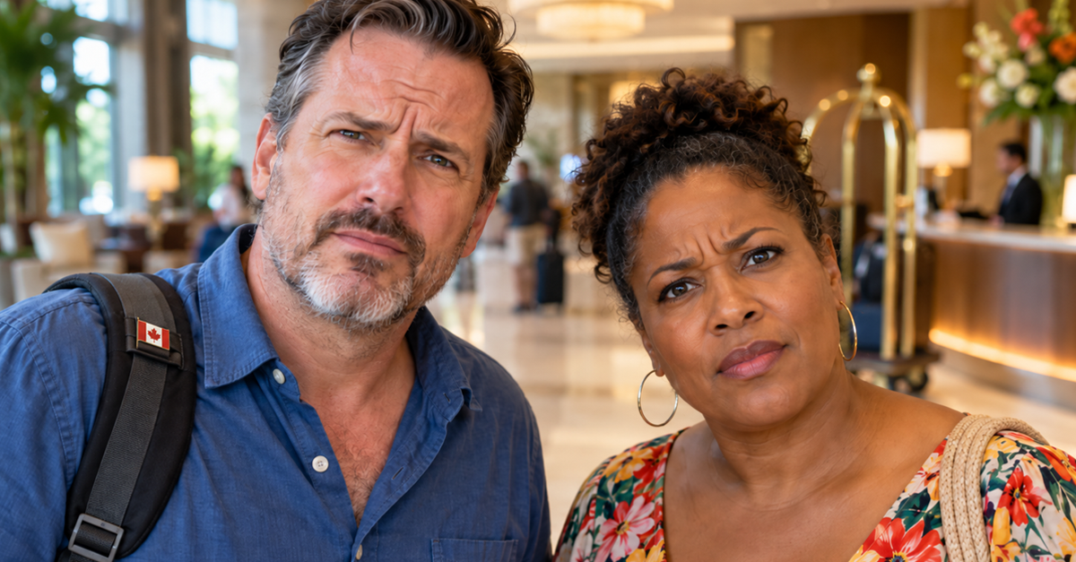 AI-generated image of a man and woman in a hotel lobby