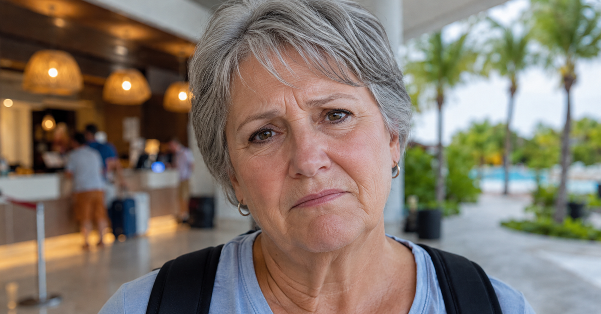 Frustrated older woman with short grey hair on vacation