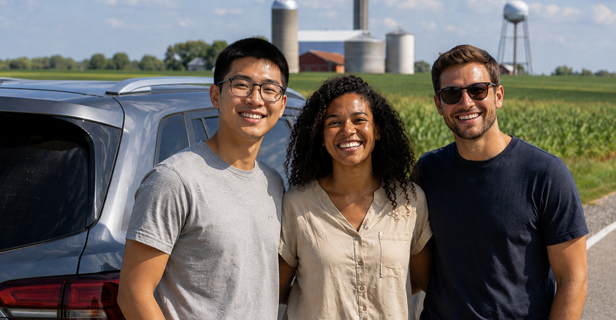 AI-generated image of Canadian tourists on a road trip through the American Midwest.