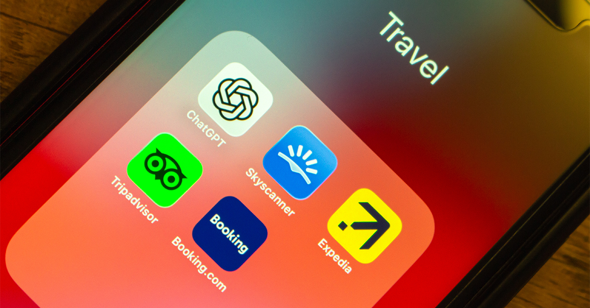Mexico City, MEXICO - Mar 19 2026 : ChatGPT alongside popular online travel agency and flight booking apps include Skyscanner, Expedia, Tripadvisor and Booking.com are seen in the iPhone screen.